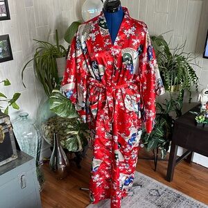 Red Floral Satin Kimono Robe